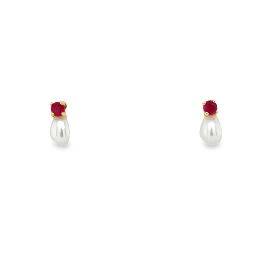 14K Gold Ruby & Pearl Baby Earrings Front view 