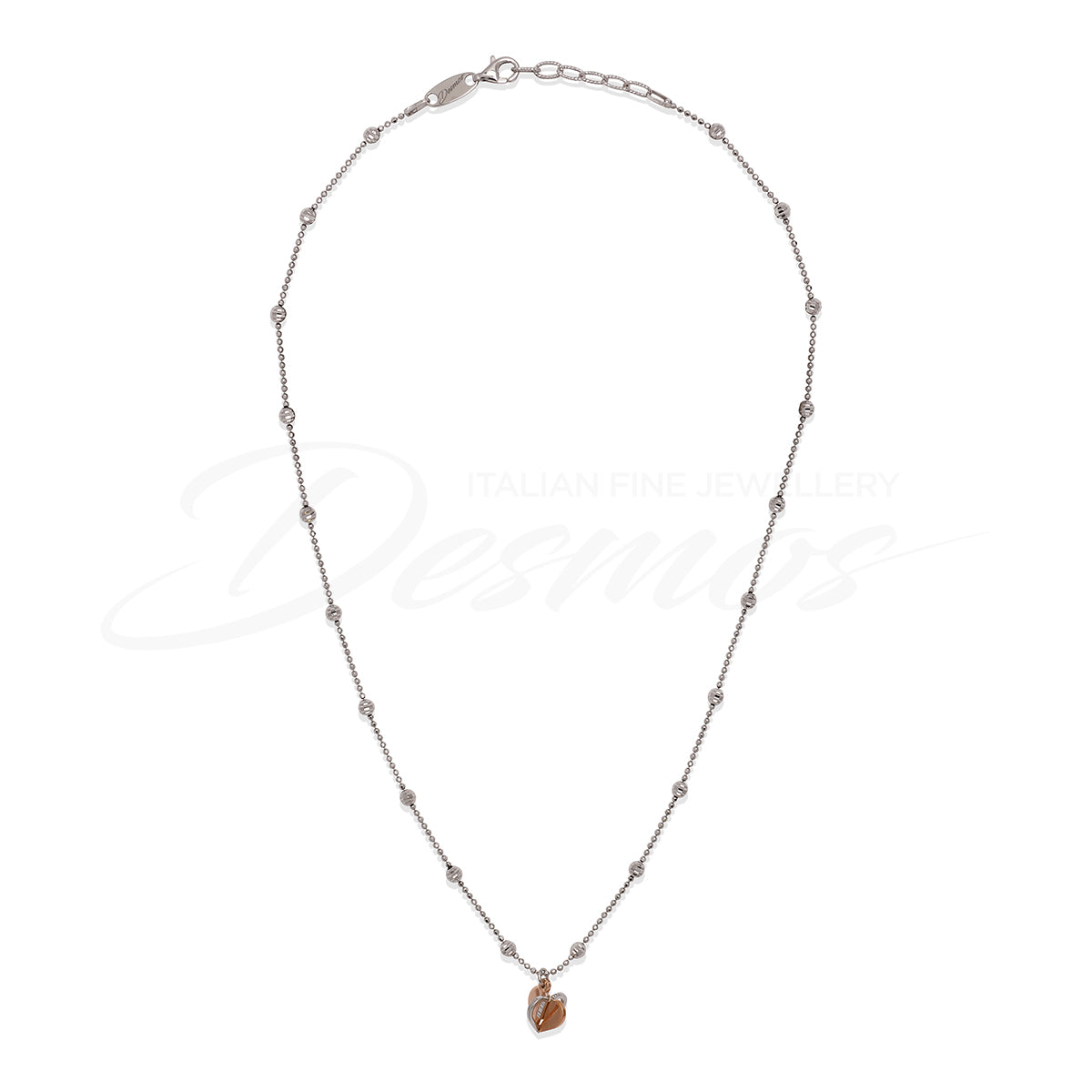 Sterling Silver Rose gold Tone Heart Short Necklace Top view clasp fastened