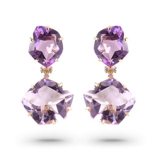 Pink Amethyst, Amethyst & Diamond Drop Earrings Front view 