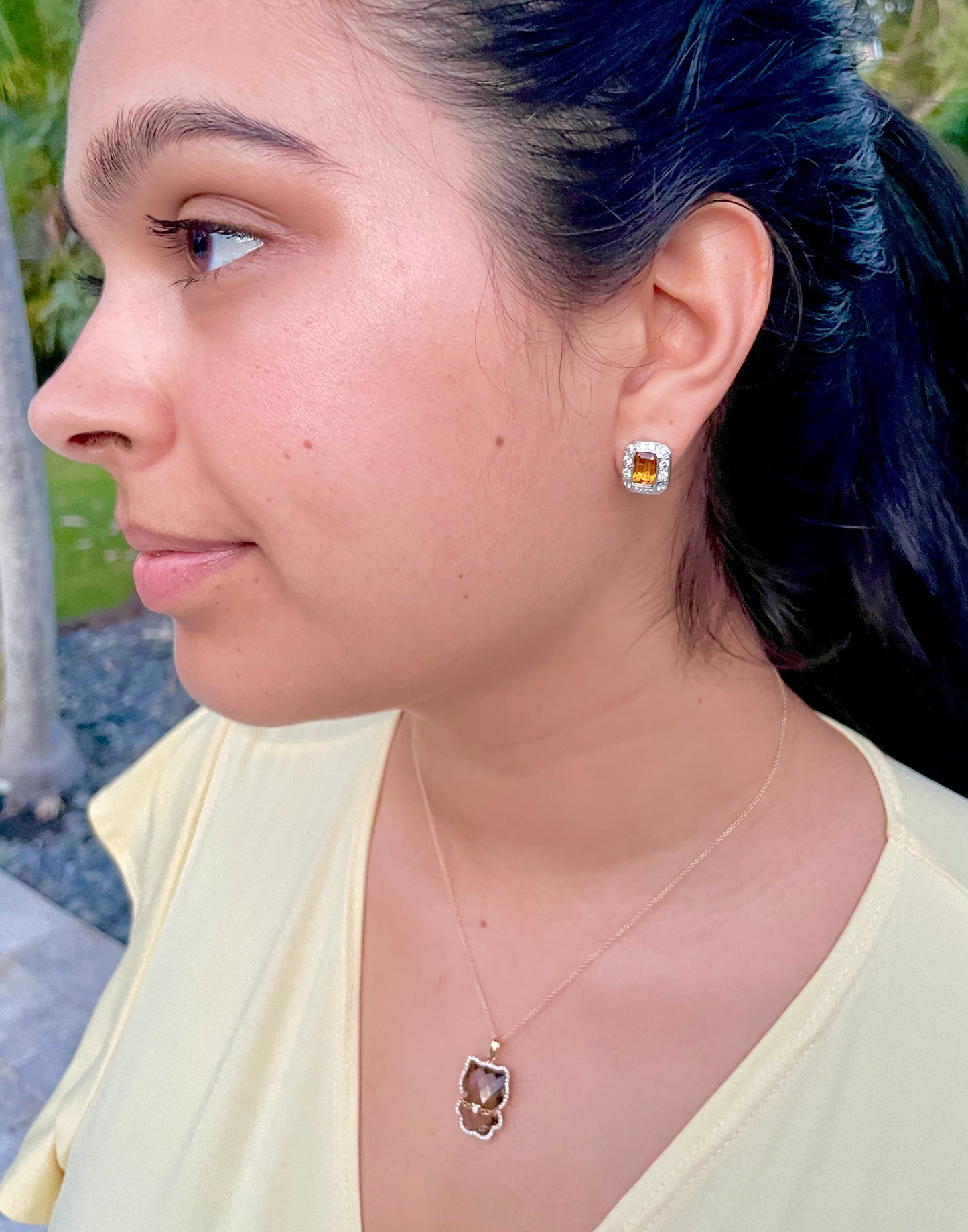 Try on view of Bezel Set Citrine Diamond Earrings