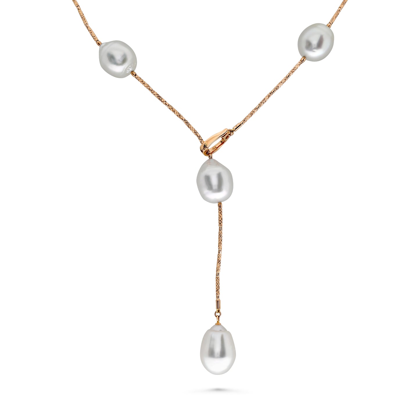 Front view of 18k Rose Gold Large South Seas Pearl Lariat Necklace