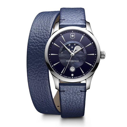 Front view of Alliance Blue Dial Moon Phase Watch