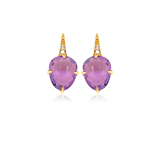 Front view of 18k Yellow Gold Small Amethyst & Diamond SugarLoaf Earrings