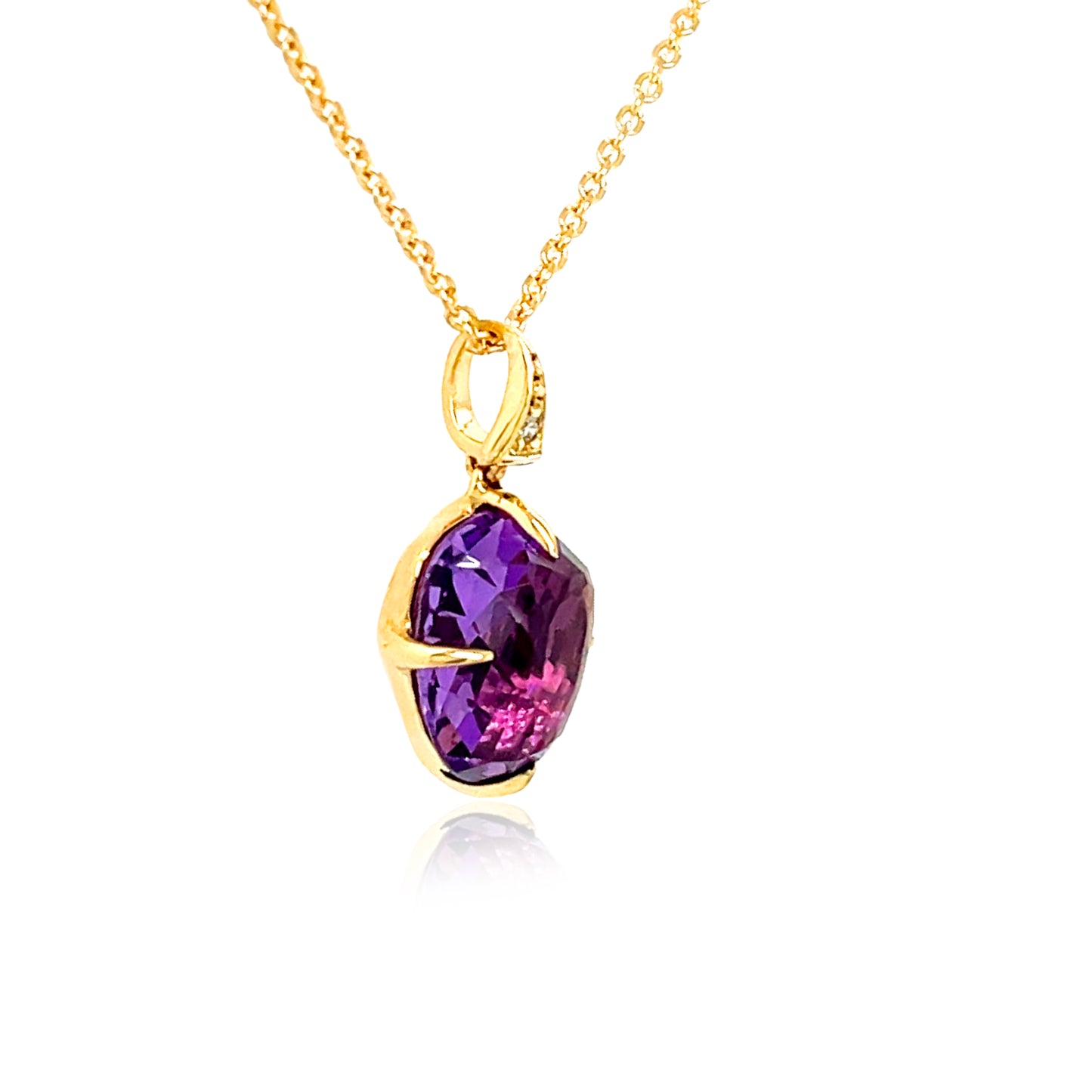 Side view of 18K Yellow Gold Small Blue Amethyst & Diamond SugarLoaf Pendant Necklace