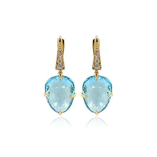 Front view of 18k Yellow Gold Large Blue Topaz & Diamond SugarLoaf Earrings