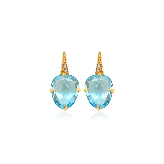 Front view of 18k Yellow Gold Small Blue Topaz & Diamond SugarLoaf Earrings