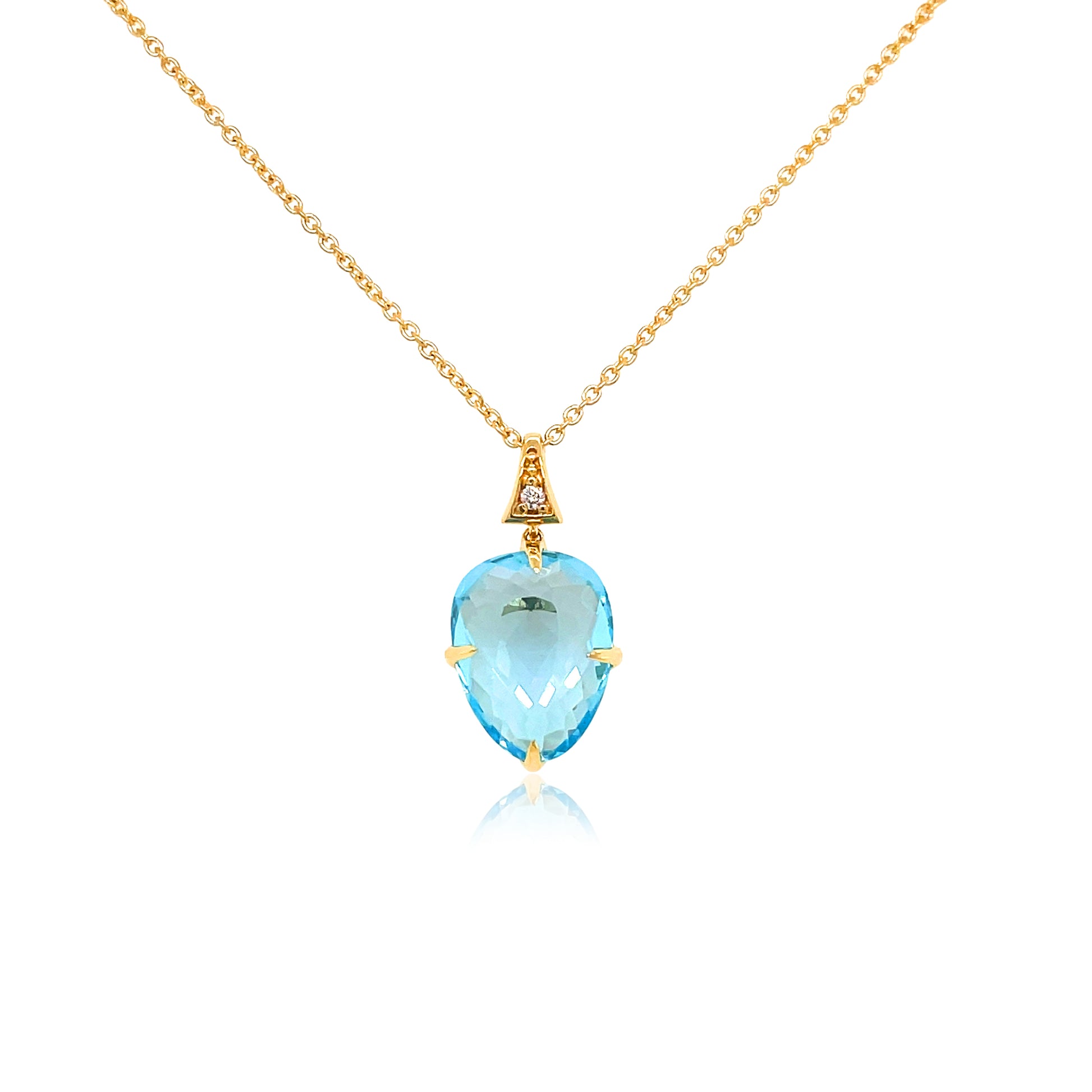 Front view of 18k Yellow Gold Small Blue Topaz & Diamond SugarLoaf Pendant Necklace