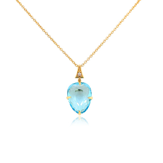 Front view of 18k Yellow Gold Small Blue Topaz & Diamond SugarLoaf Pendant Necklace