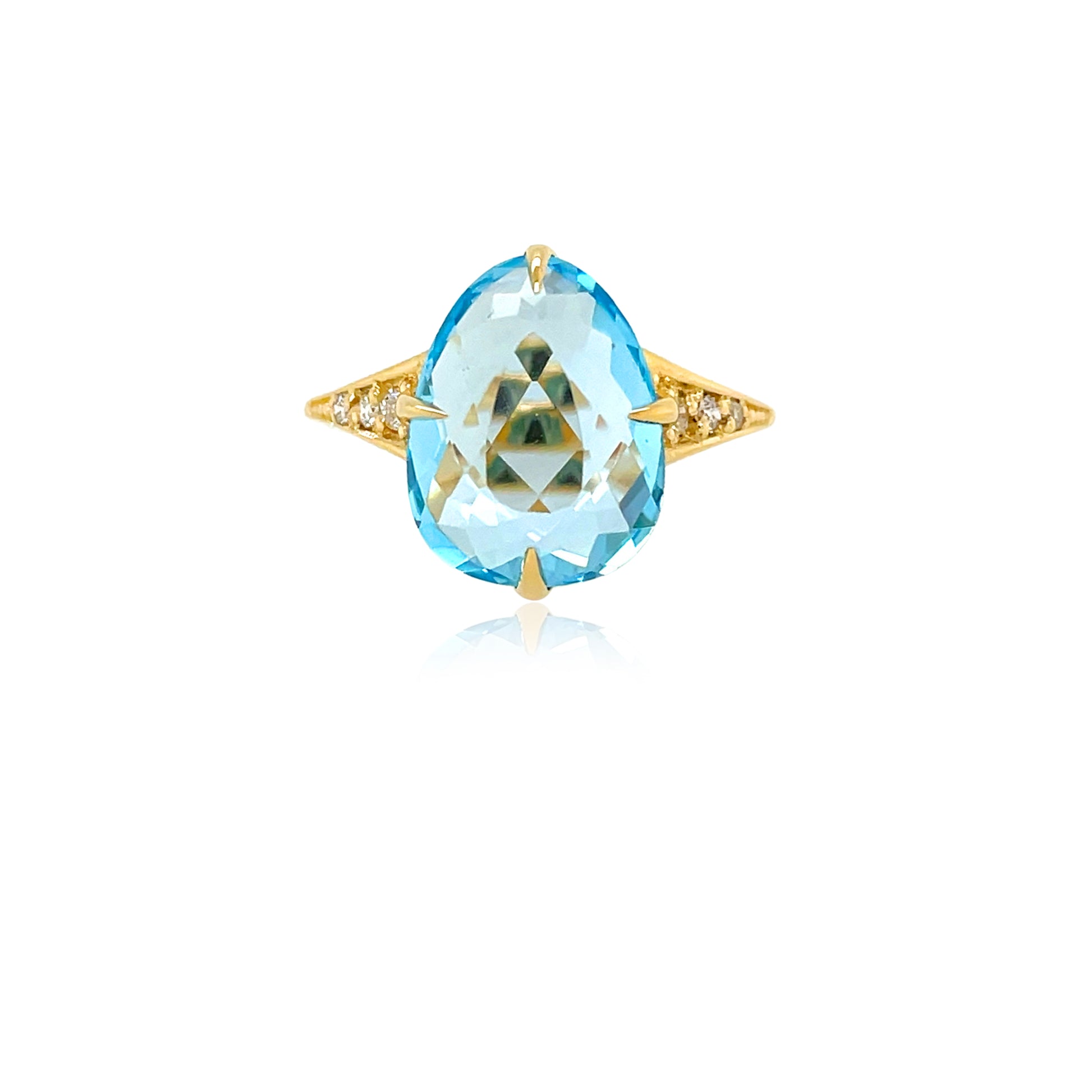 Front view of 18k Yellow Gold Large Blue Topaz & Diamond SugarLoaf Ring