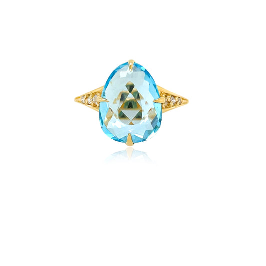 Front view of 18k Yellow Gold Large Blue Topaz & Diamond SugarLoaf Ring
