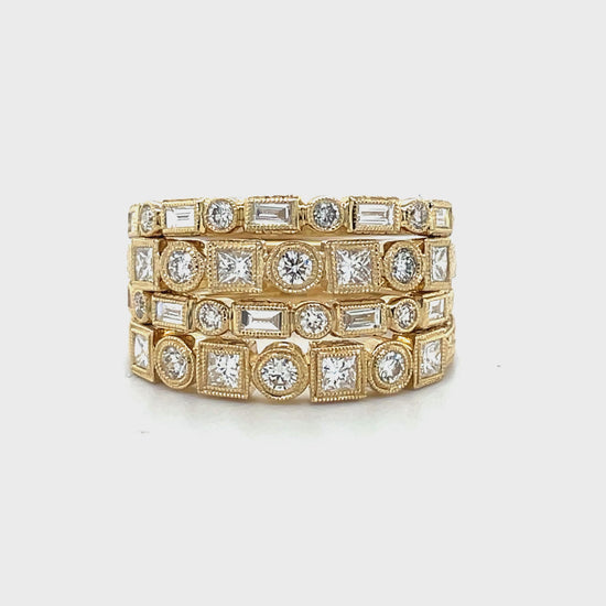 A timeless piece showcasing a classic art deco style crafted with 0.3 cts of round diamonds, set in 14k yellow gold. Available in size 6.5 and easily adjustable to any size for a custom fit. Enjoy its versatility as you stack and style it to complete your look.