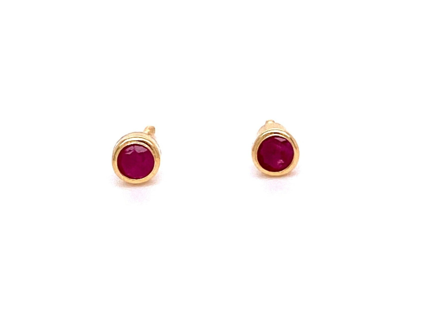 Front view of 18k Yellow Gold Ruby Baby Earrings