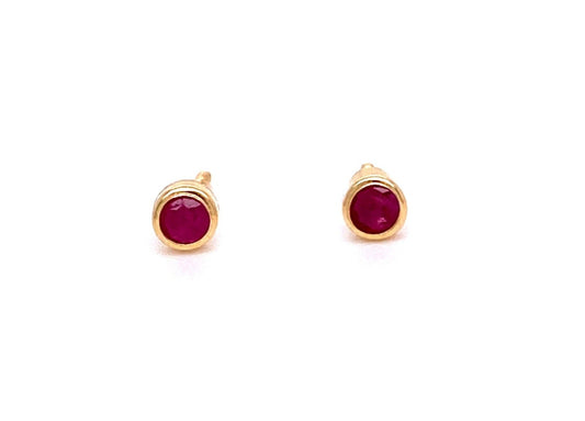 Front view of 18k Yellow Gold Ruby Baby Earrings