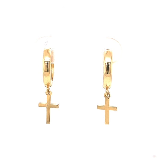 Side view of 14k Yellow Gold Dainty Dangling Cross Earrings