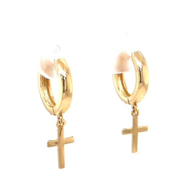 Side view of 14k Yellow Gold Dainty Dangling Cross Earrings