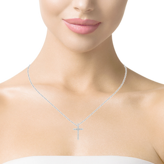 Try on view of 18k Dainty Diamond Cross Pendant Necklace 0.38 cts