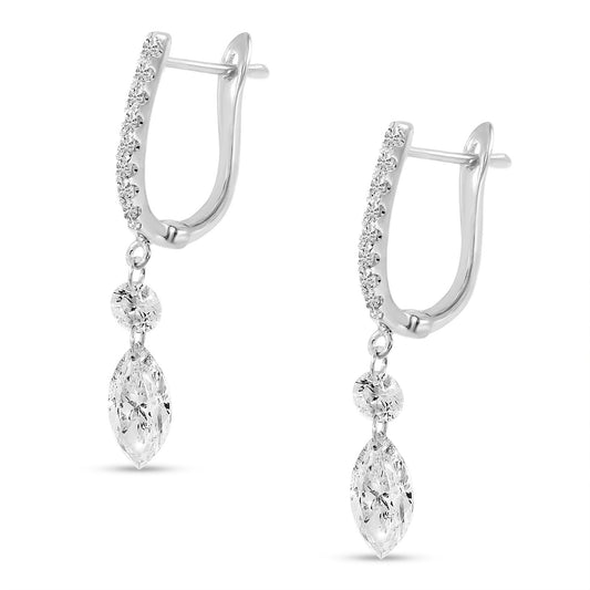 Side view of 14k White Gold Diamond Dangling Three Stone Drop Earrings