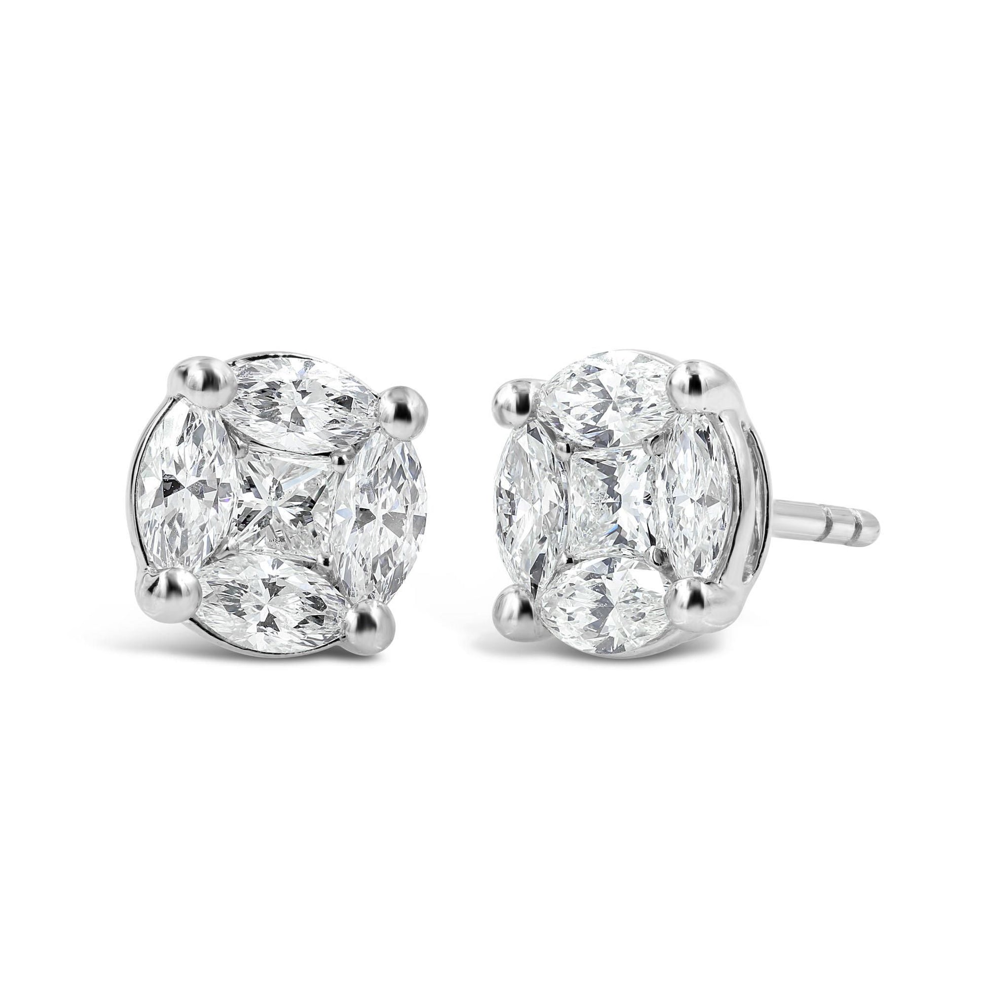 Side view of 18k White Gold Round Shape Illusion Diamond Stud Earrings 0.99 cts