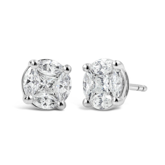 Side view of 18k White Gold Round Shape Illusion Diamond Stud Earrings 0.99 cts