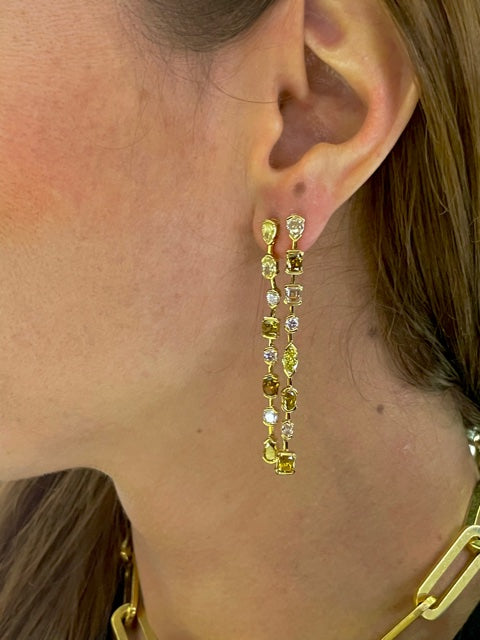 Cascading Yellow Diamond Long Earrings Try on View