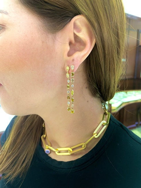 Cascading Yellow Diamond Long Earrings Try on View