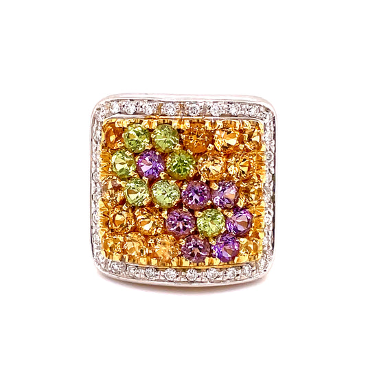 Front view of 18k Yellow Gold Italian Amethyst & Citrine Diamond Ring