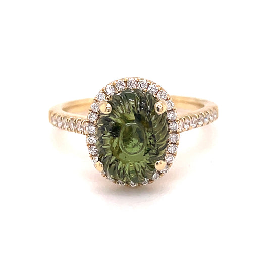 Front view of 14k yellow Gold Carved Oval Green Tourmaline Diamond Halo Ring