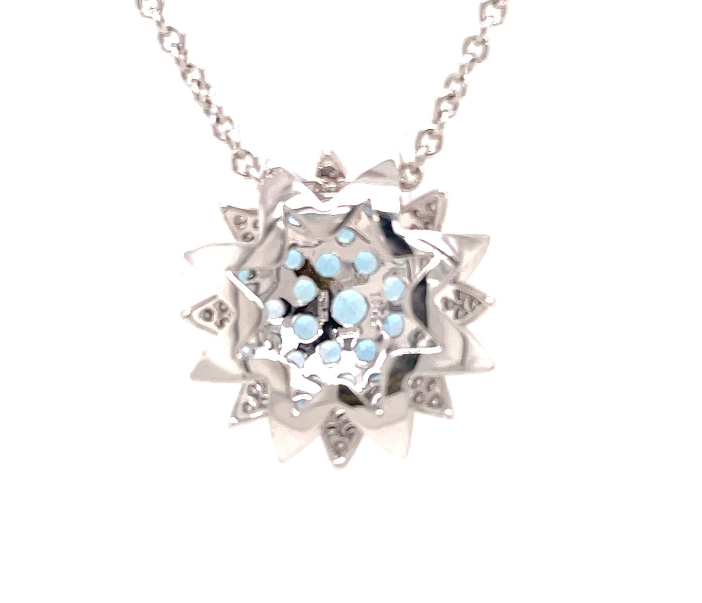Back view of 18k White Gold Italian Made Sunburst Blue Topaz & Diamond Necklace