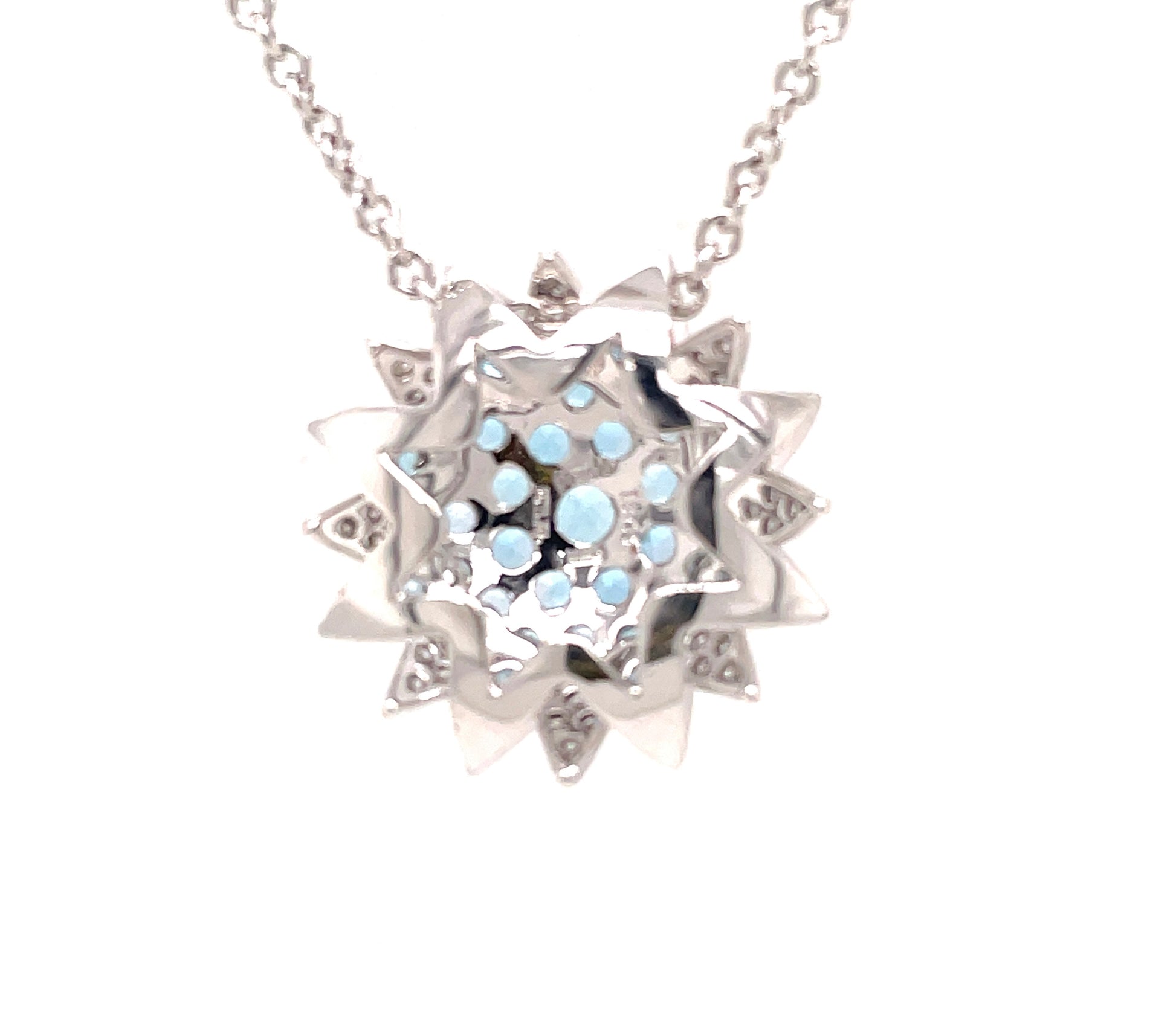 Back view of 18k White Gold Italian Made Sunburst Blue Topaz & Diamond Necklace