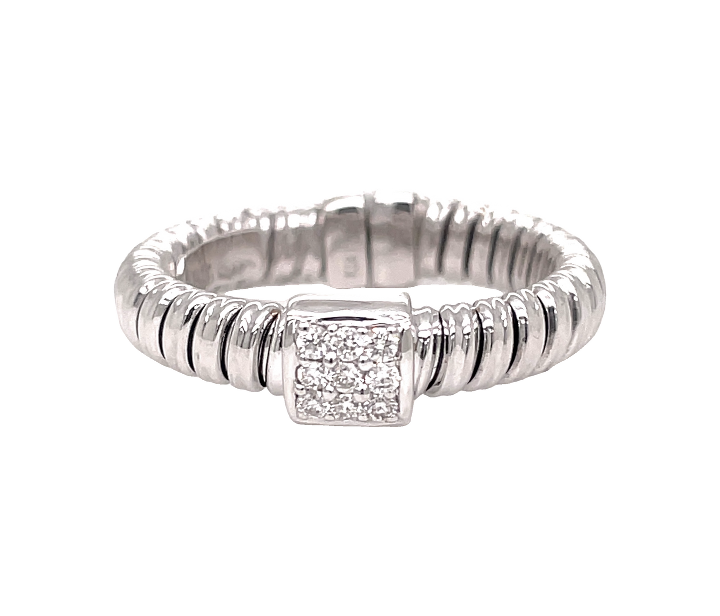 18K Italian White Gold Diamond Flexible Square Motif Ring Front view