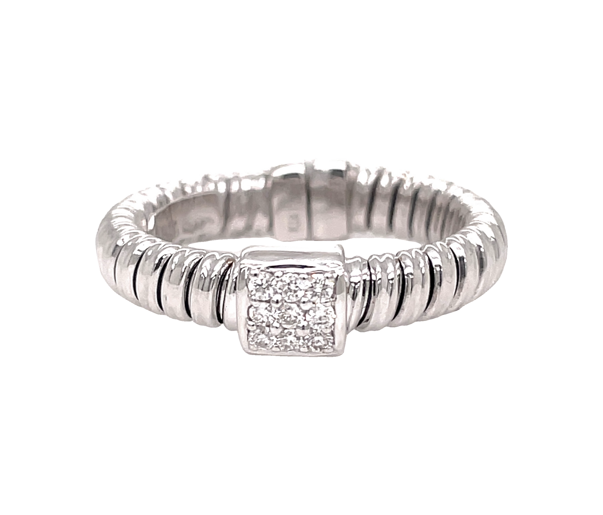 18K Italian White Gold Diamond Flexible Square Motif Ring Front view