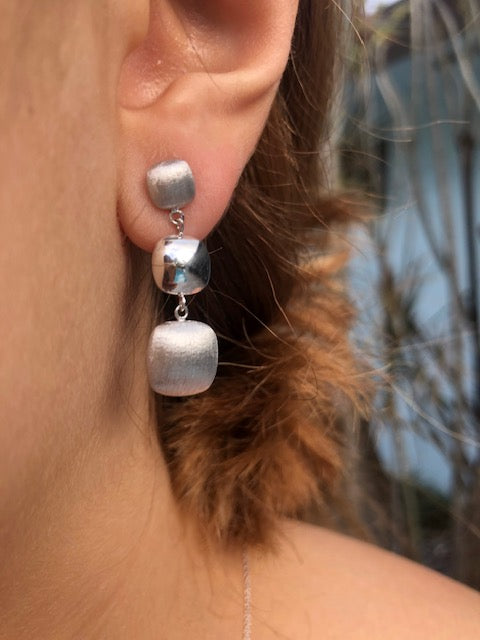 Try on view of 14k White Gold Italian Made Three Square Brushed/Polished Finish Drop Earrings
