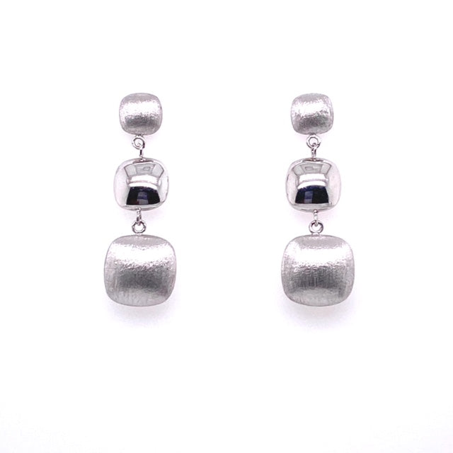 Front view of 14k White Gold Italian Made Three Square Brushed/Polished Finish Drop Earrings