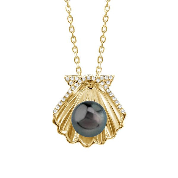 Front view of 14k Yellow Gold Tahitian Pearl & Diamond Sunrise Shell Pendant Necklace