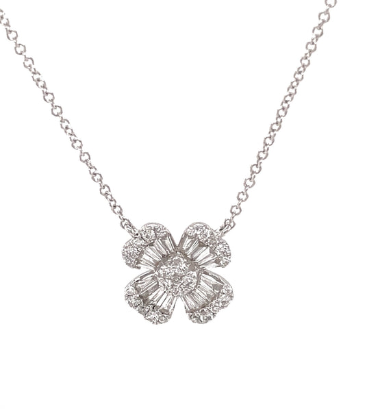 Baguette & Round Diamond Flower Motif Pendant Necklace Front view 