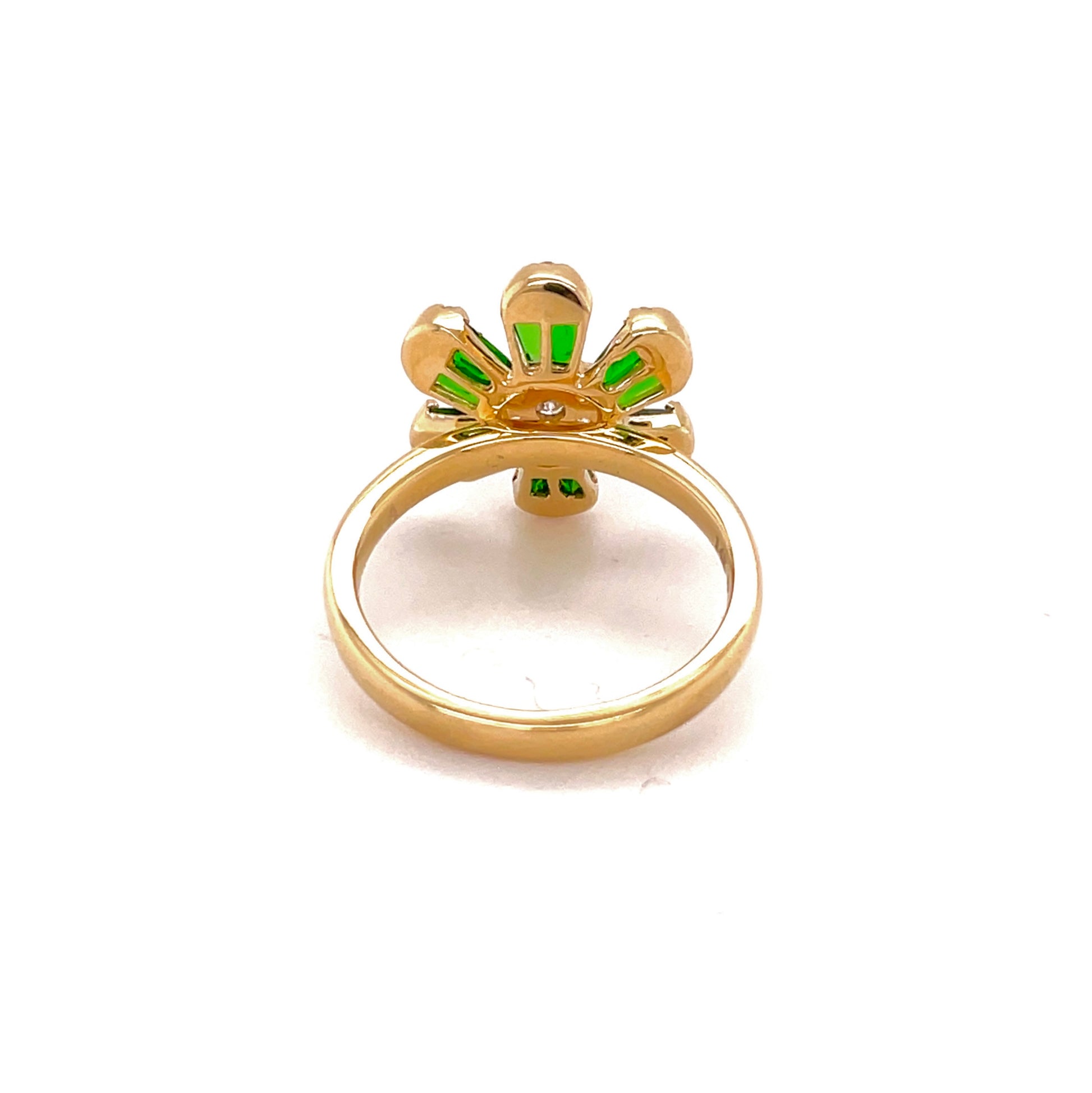 Back view of 14k Yellow Gold Tsavorite & Diamond Flower Motif Ring