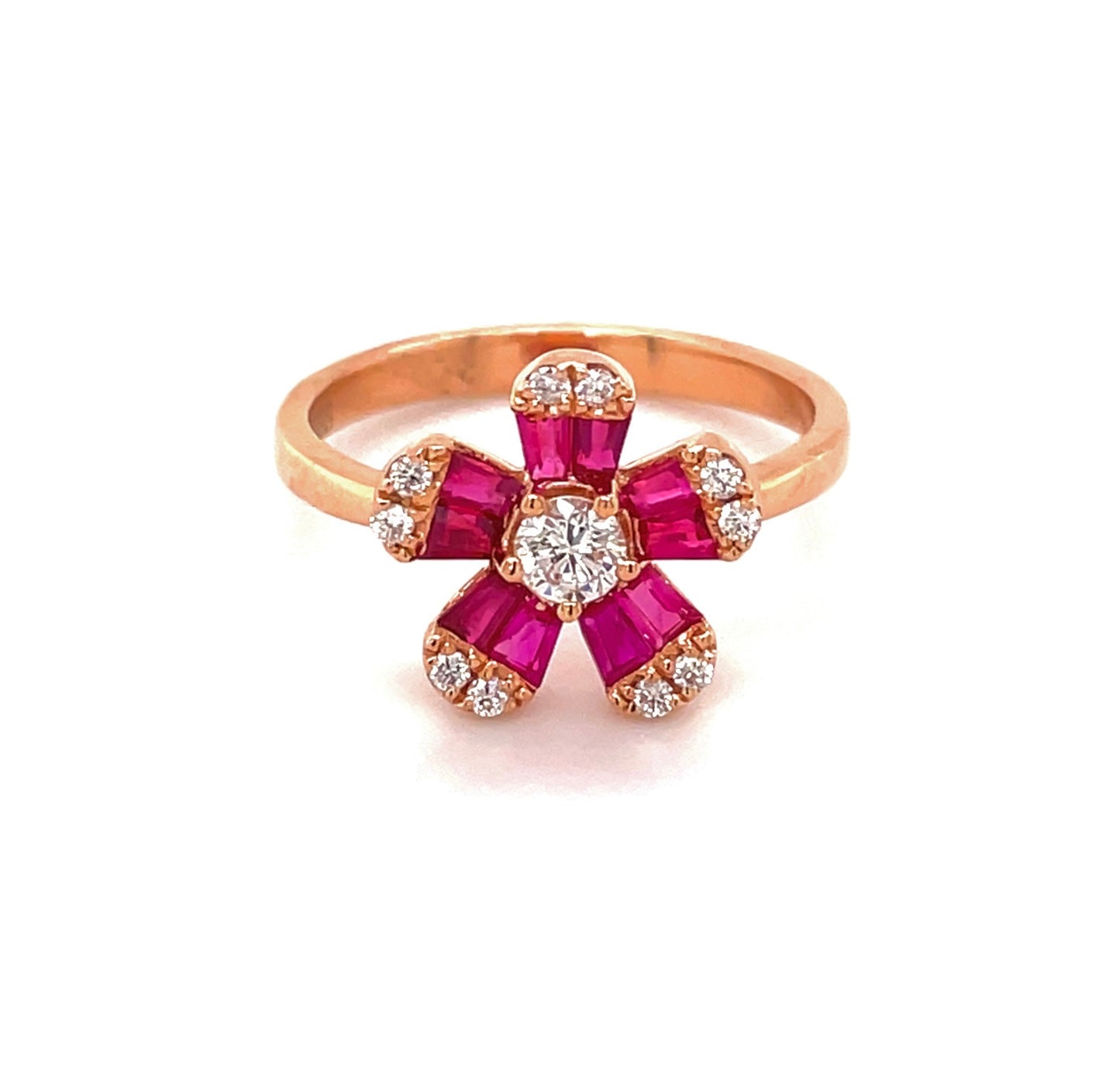 Front view of Ruby & Diamond Flower Motif Ring