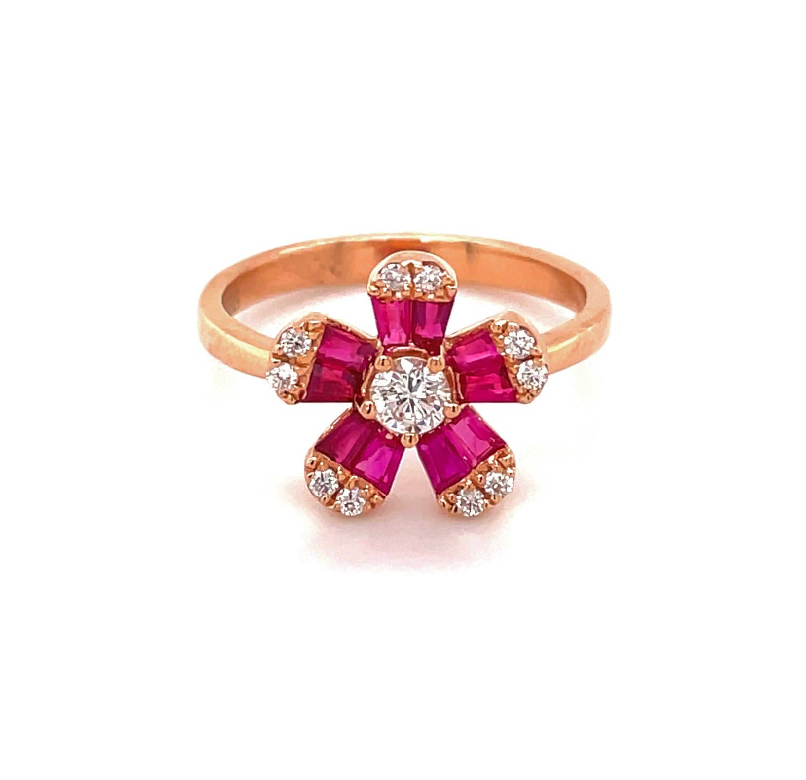 Front view of Ruby & Diamond Flower Motif Ring