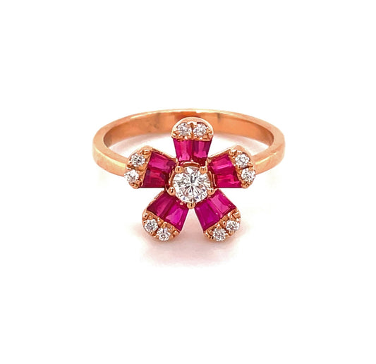Front view of Ruby & Diamond Flower Motif Ring