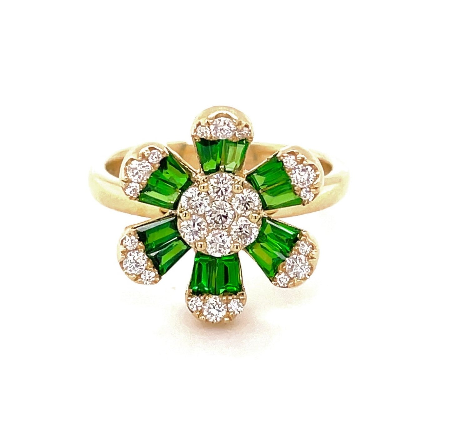 Front view of 14k Yellow Gold Tsavorite & Diamond Flower Motif Ring