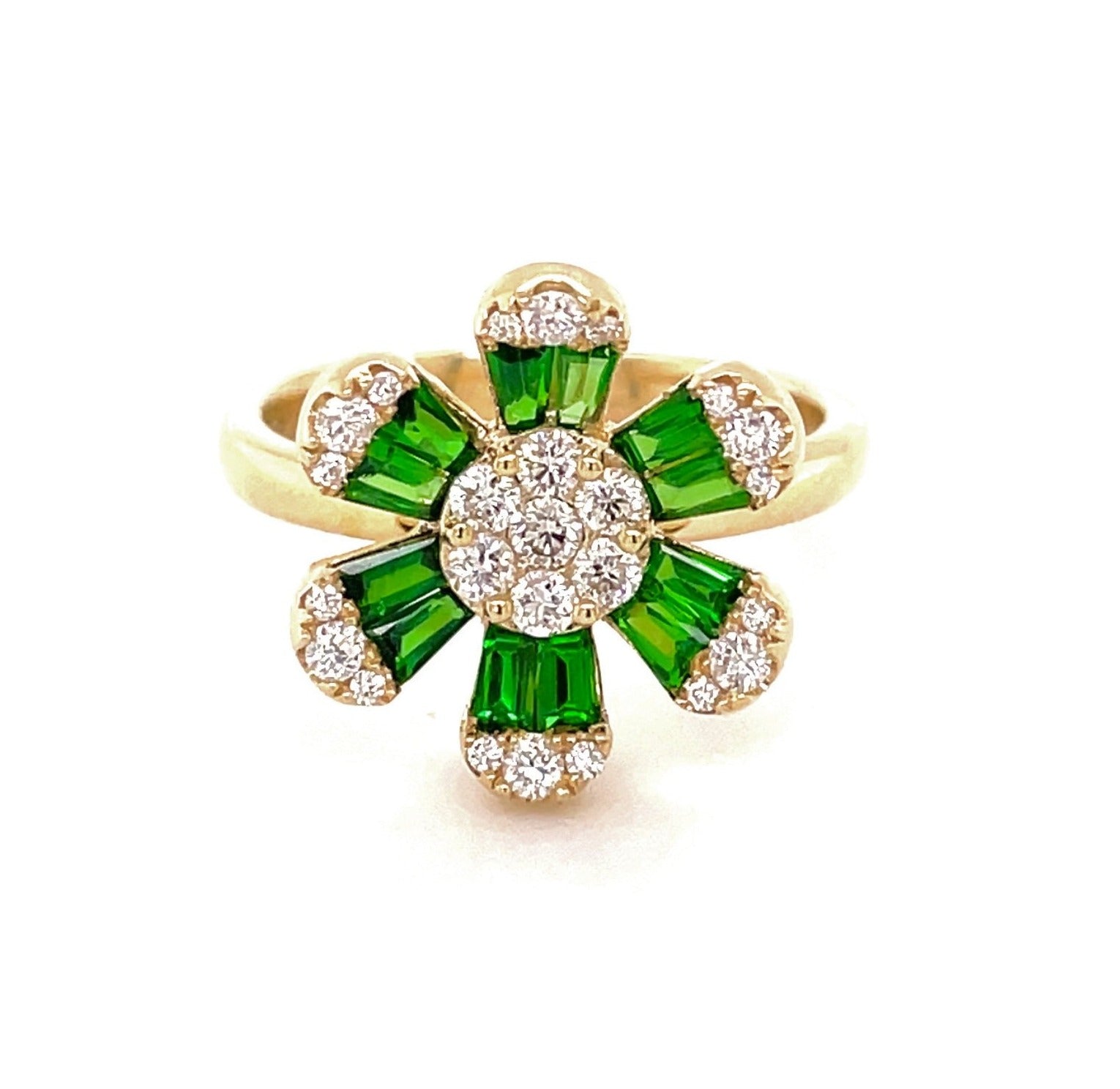 Front view of 14k Yellow Gold Tsavorite & Diamond Flower Motif Ring