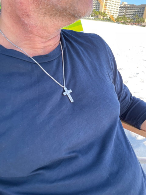 Italian made   30.00 mm cross weave style  20" long chain  Blackened cross  Secure lobster clasp  Round bizantine link.   