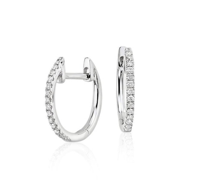 14K Small Diamond Huggie Earrings Oval Shape 0.16 cts Front and Side View