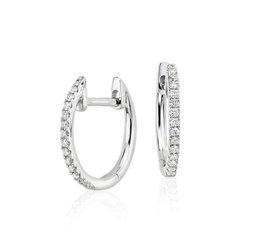 14K Small Diamond Huggie Earrings Oval Shape 0.16 cts Front and Side View