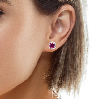 Try on view of 14k White Gold Small Tourmaline & Diamond Stud Earrings
