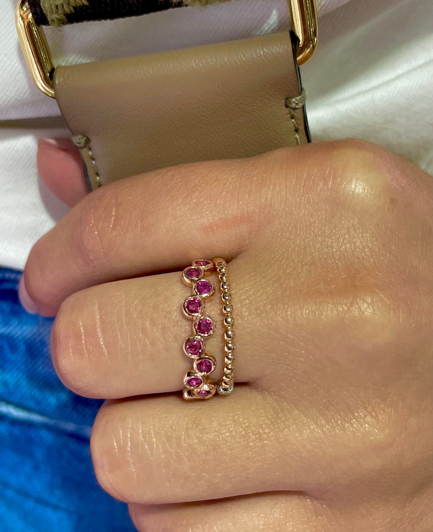 Try on view of 14k Rose Gold Pink Sapphire Rose Gold Ring