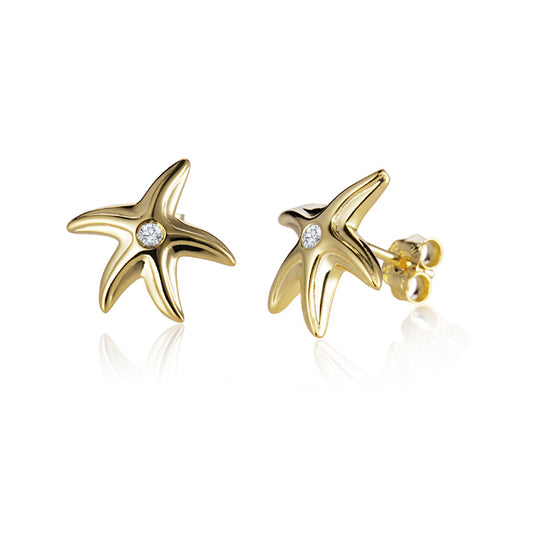 Front view of 14k Yellow Gold Diamond Starfish Earrings