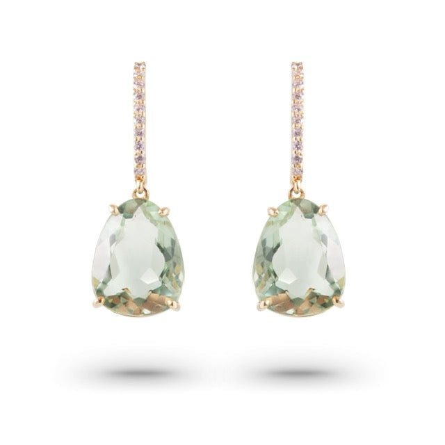 Front view of 18k Yellow Gold Prasiolite & Diamond Long Drop Earrings