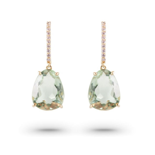 Front view of 18k Yellow Gold Prasiolite & Diamond Long Drop Earrings
